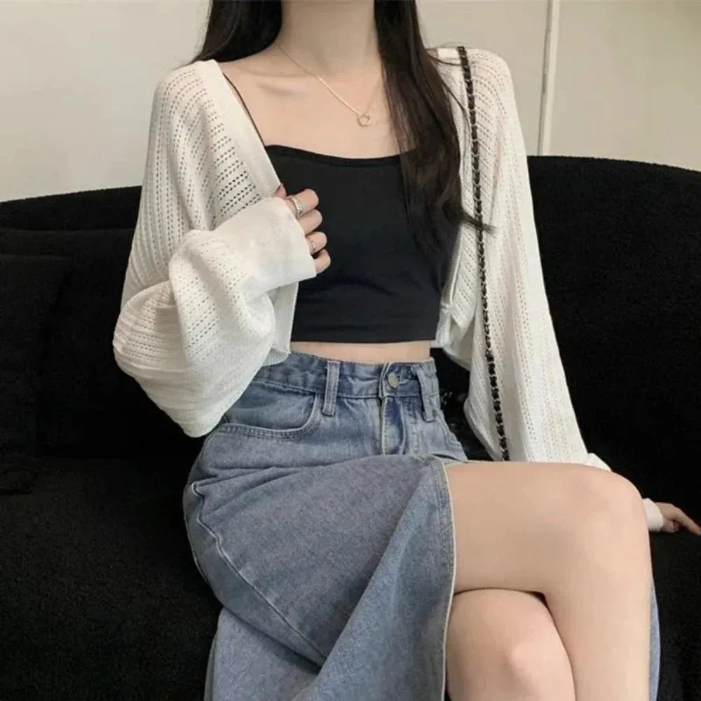 Womens Korean Style Crop Knit Short Cardigan