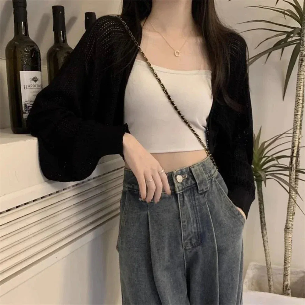 Womens Korean Style Crop Knit Short Cardigan