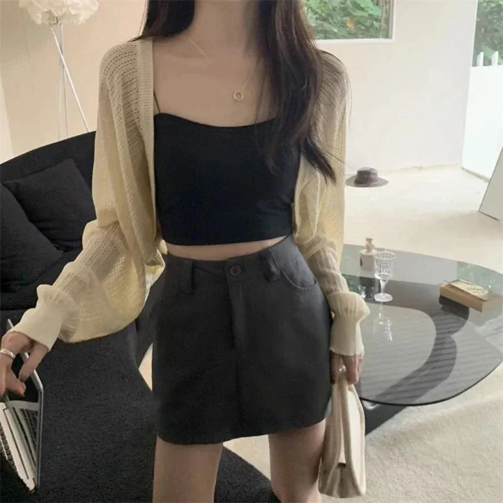 Womens Korean Style Crop Knit Short Cardigan