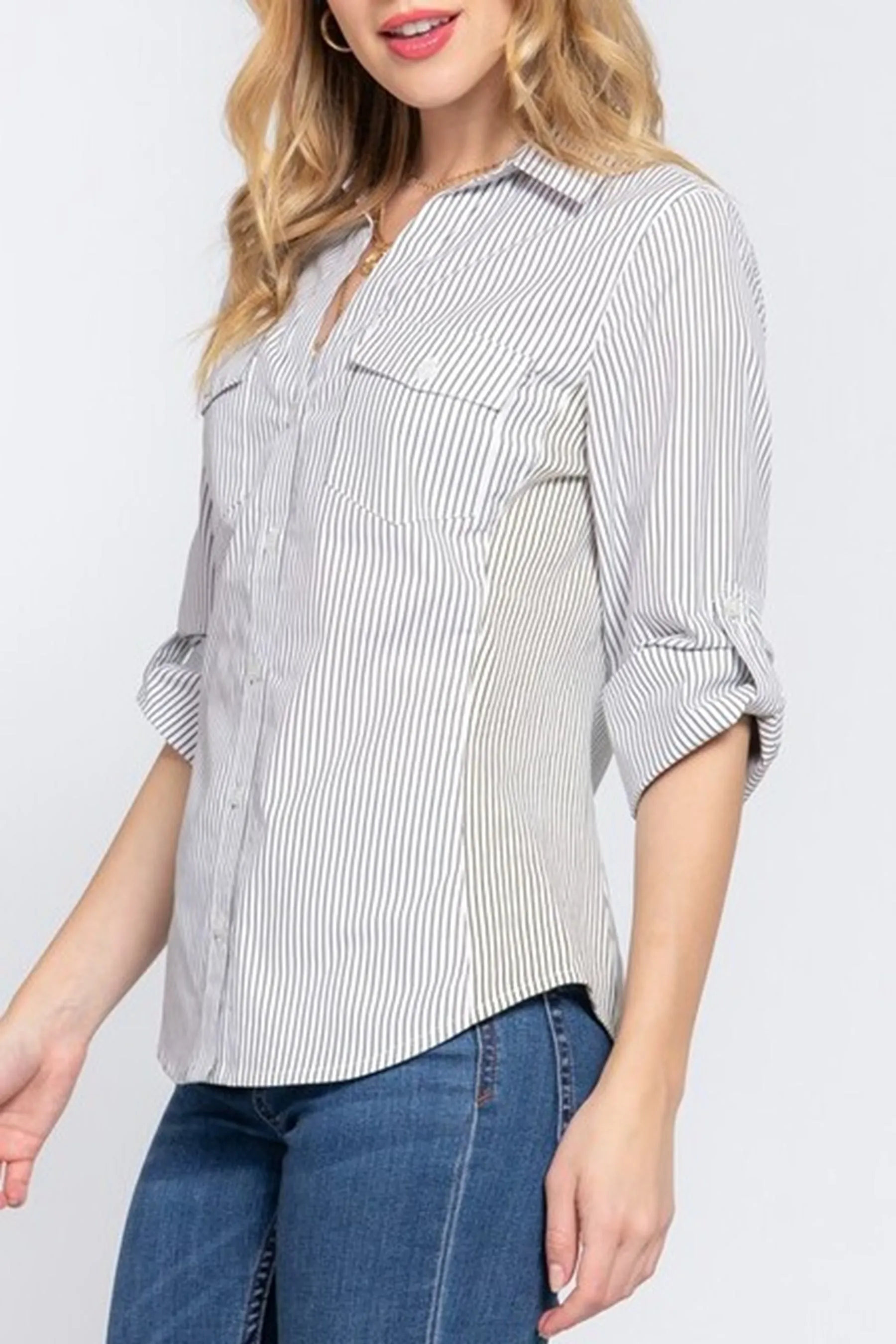 Women's Long sleeve with tab side rib panel y/d stripe Shirts