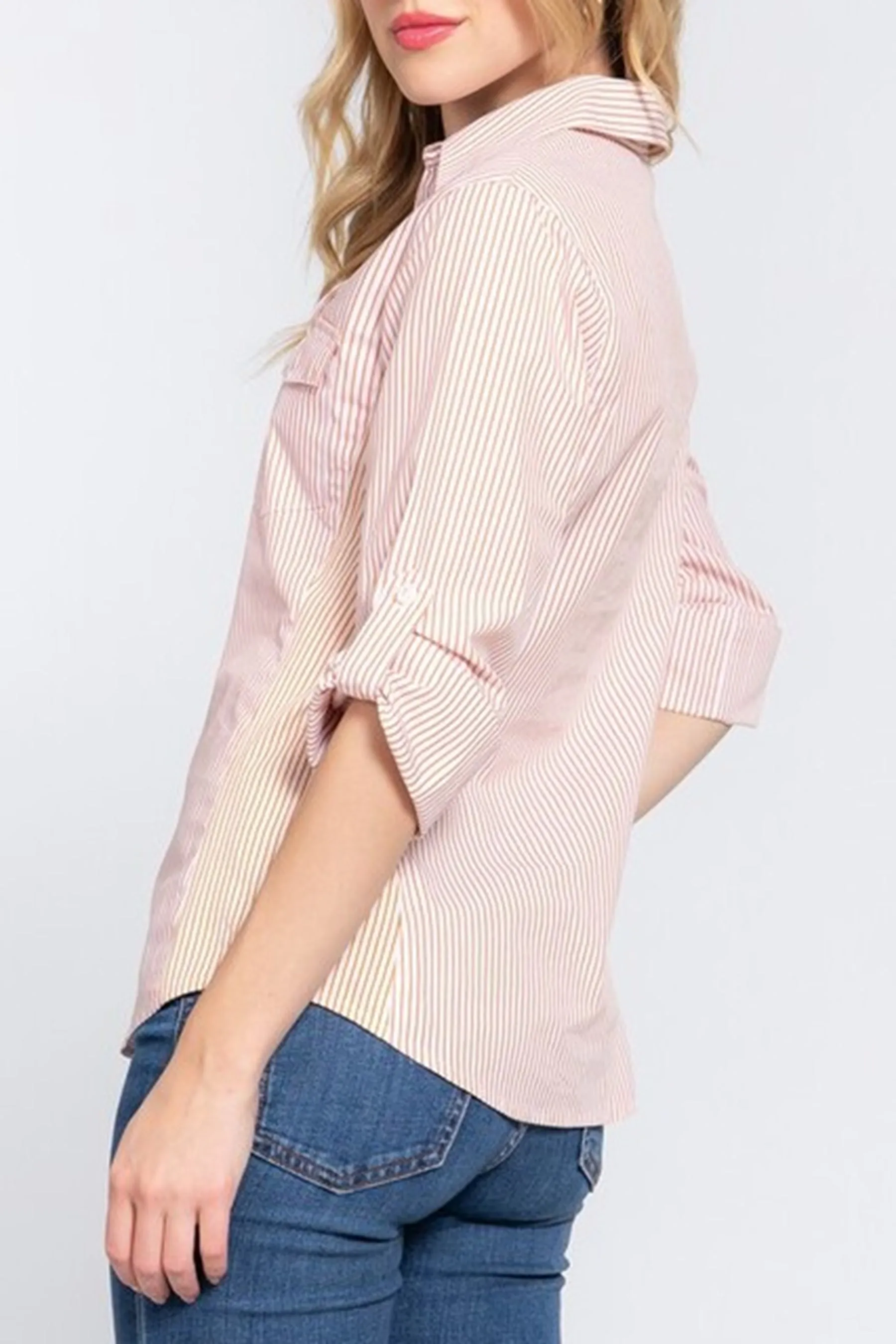 Women's Long sleeve with tab side rib panel y/d stripe Shirts