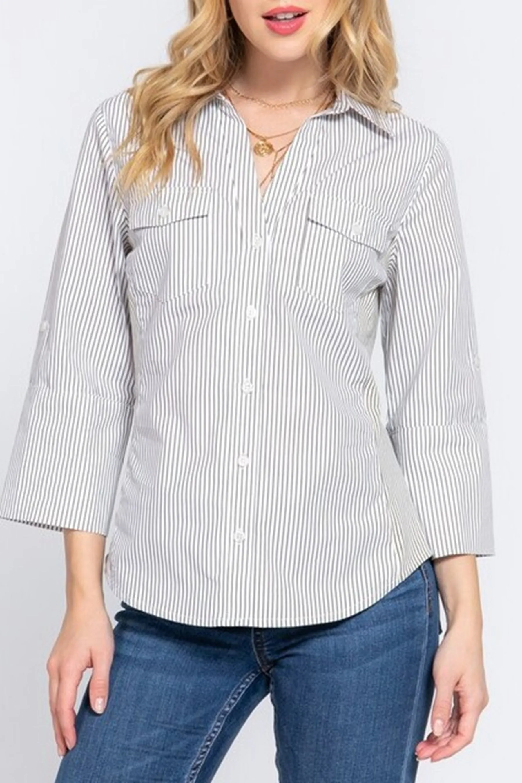 Women's Long sleeve with tab side rib panel y/d stripe Shirts