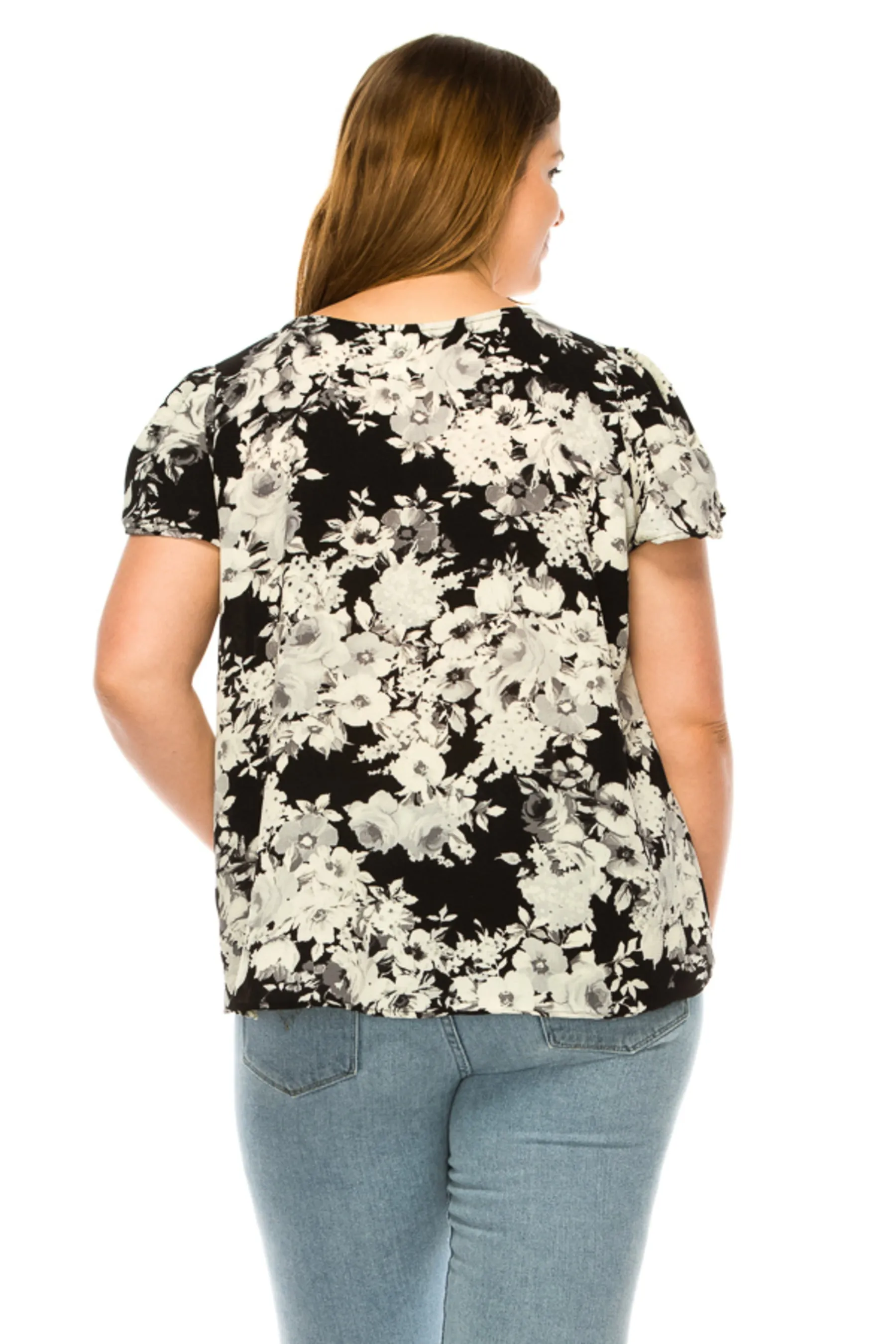 Women's Plus Floral print pleated front top with over lapping short sleeves