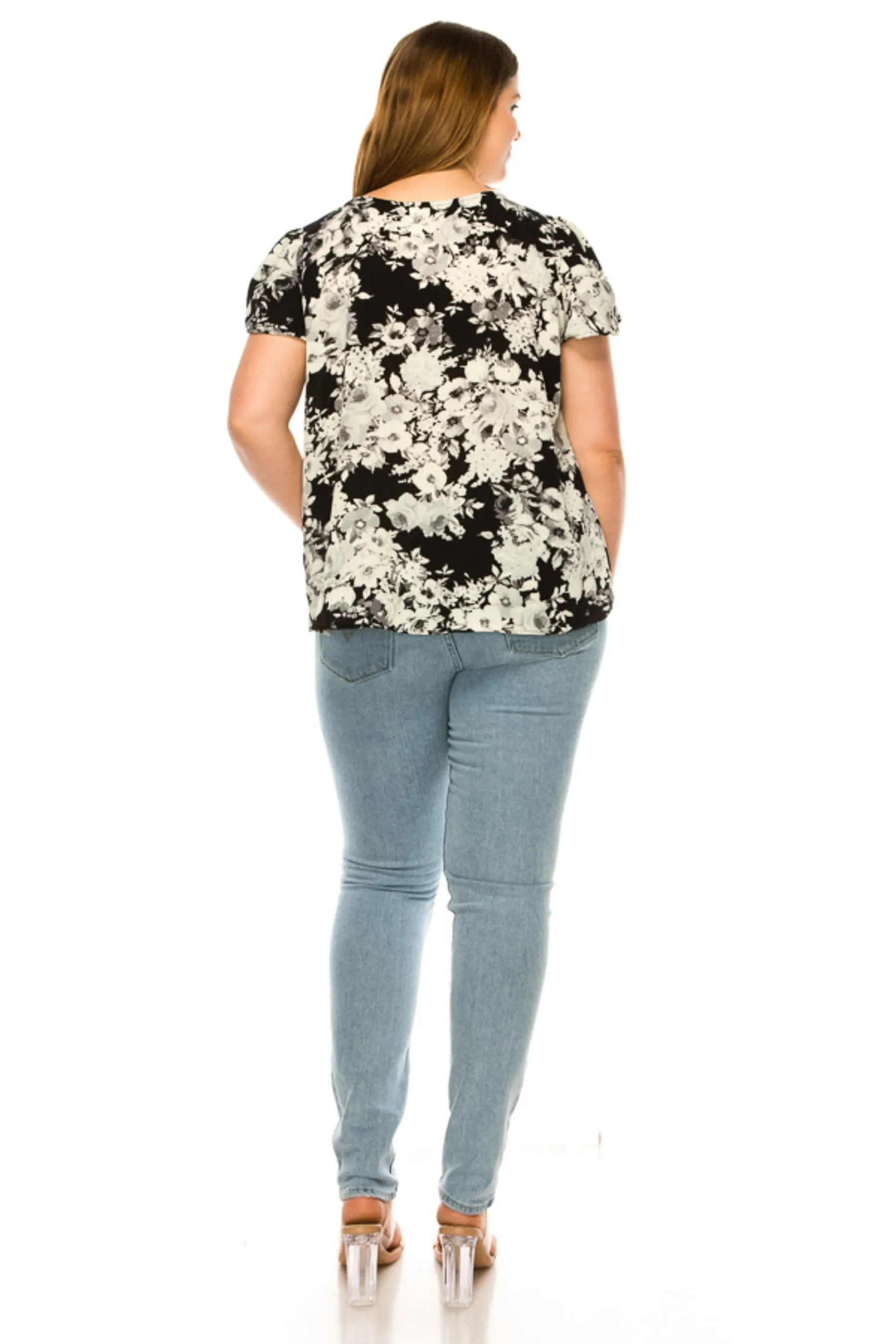 Women's Plus Floral print pleated front top with over lapping short sleeves