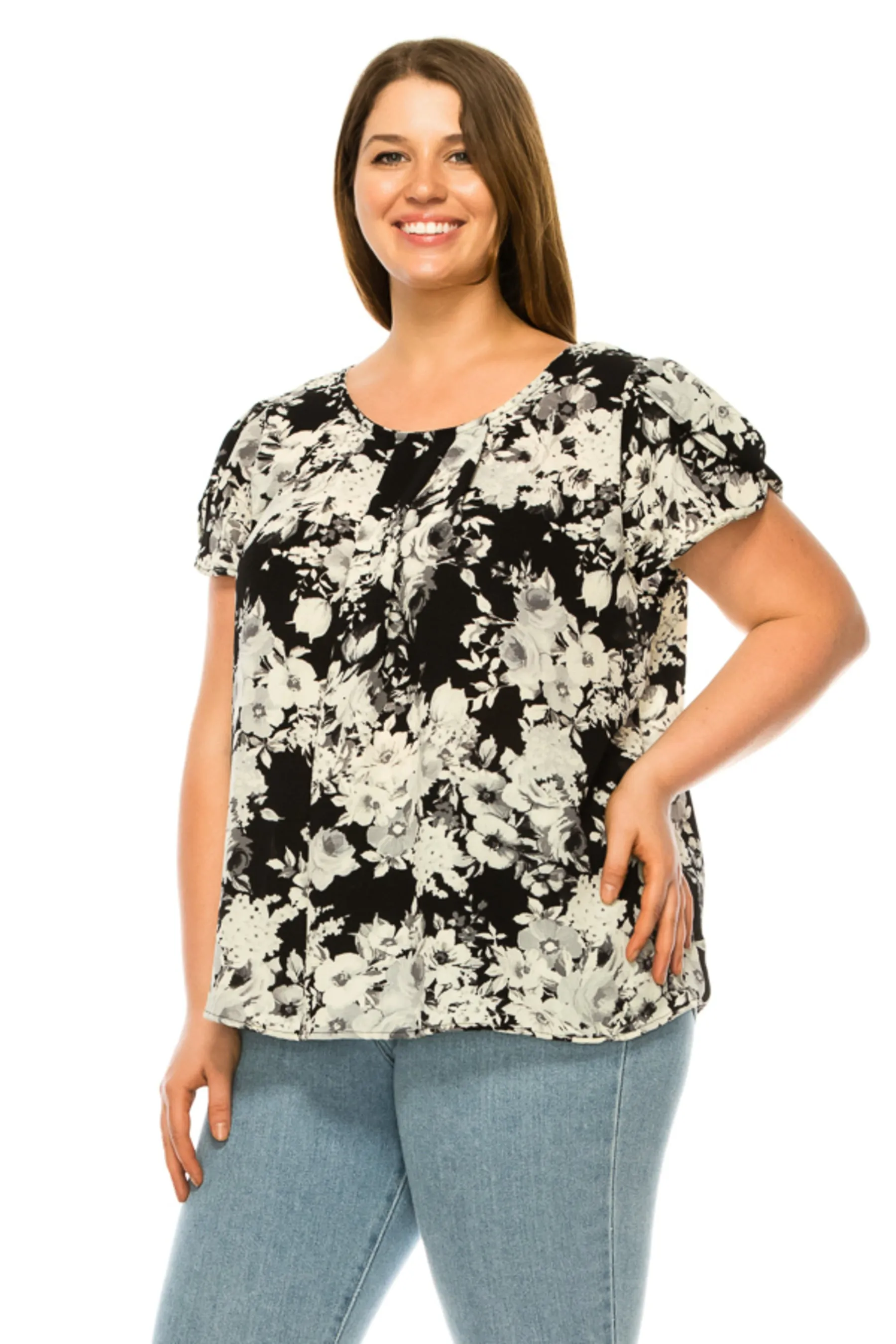 Women's Plus Floral print pleated front top with over lapping short sleeves