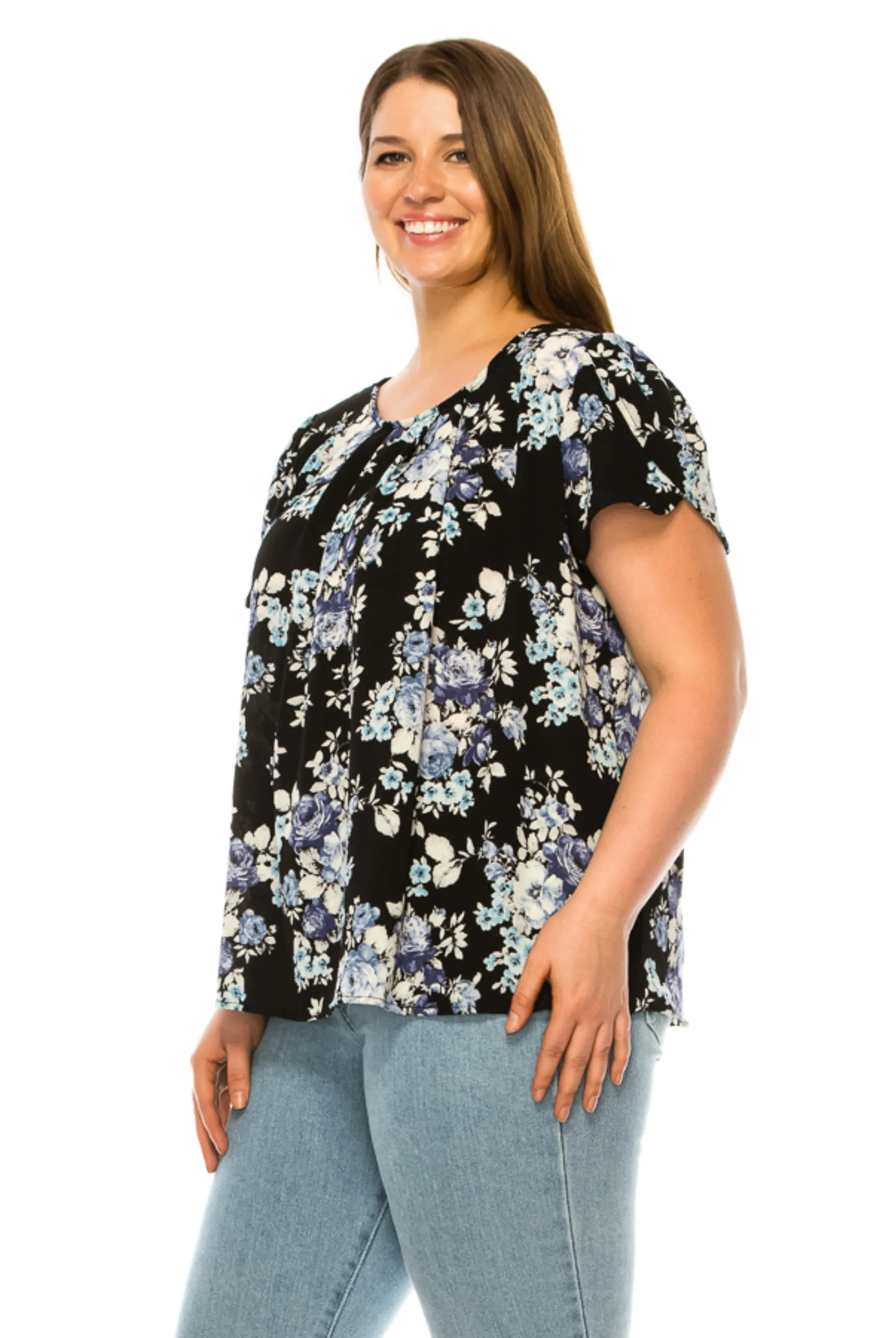 Women's Plus Floral print pleated front top with over lapping short sleeves