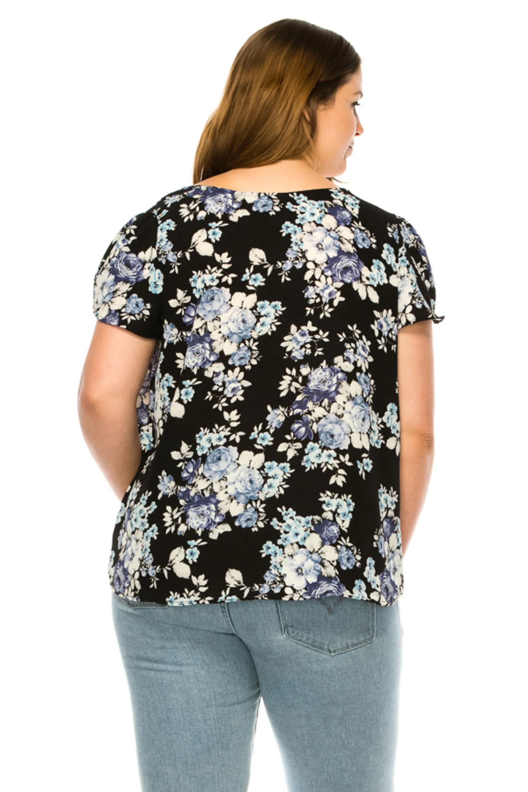 Women's Plus Floral print pleated front top with over lapping short sleeves