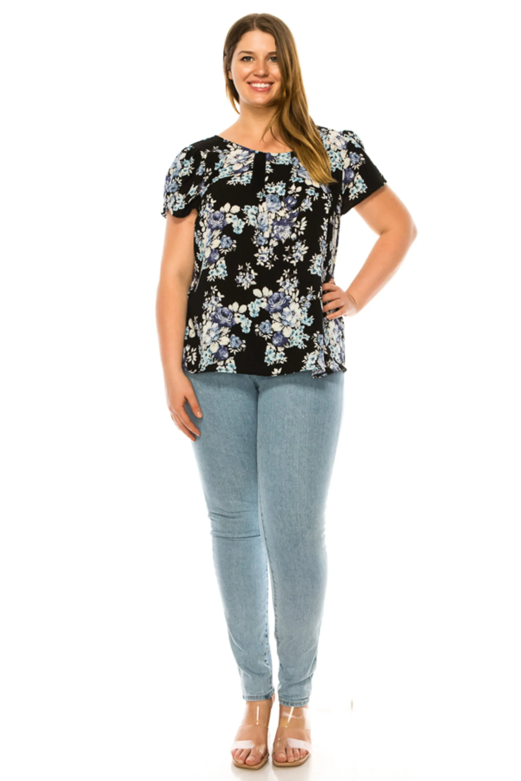 Women's Plus Floral print pleated front top with over lapping short sleeves