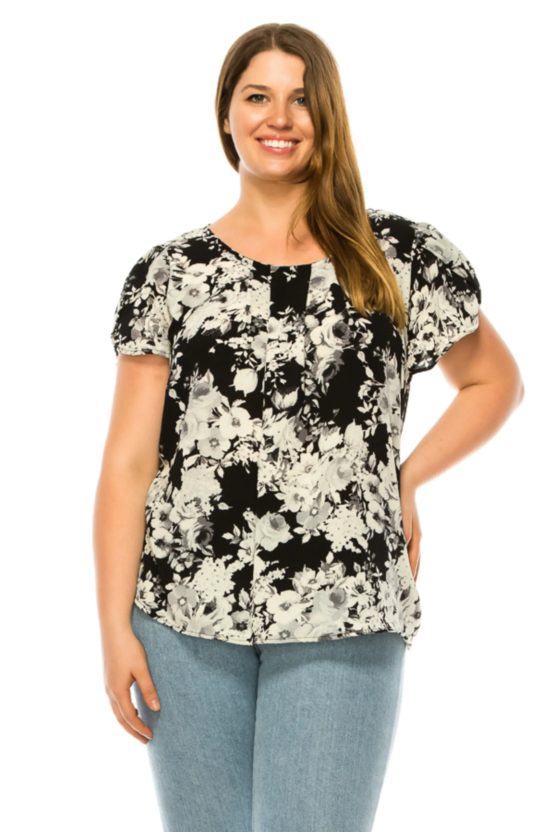 Women's Plus Floral print pleated front top with over lapping short sleeves