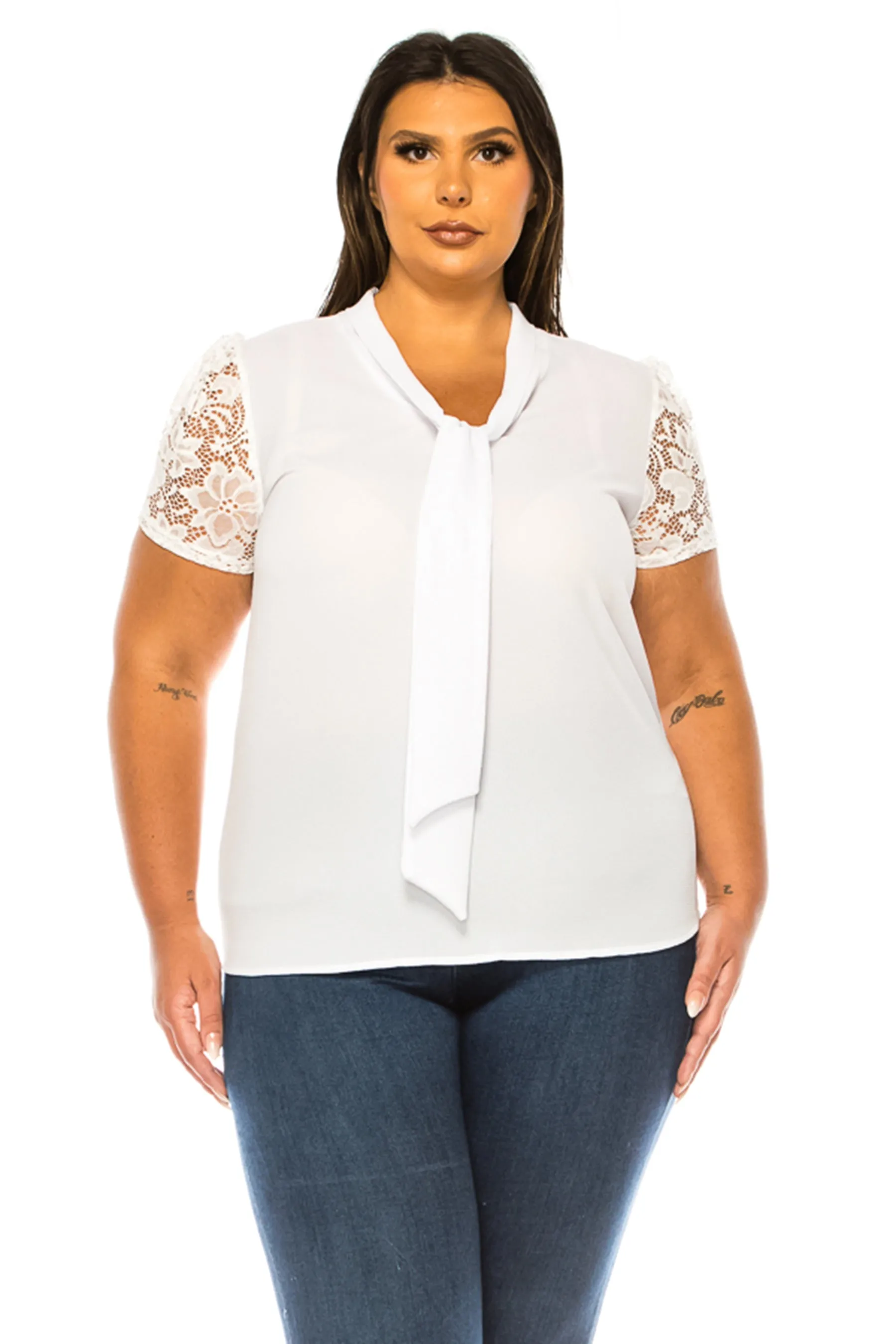 Women's Plus Size Solid Top with Front Tie Collar and Lace Sleeves - Elegant and Casual