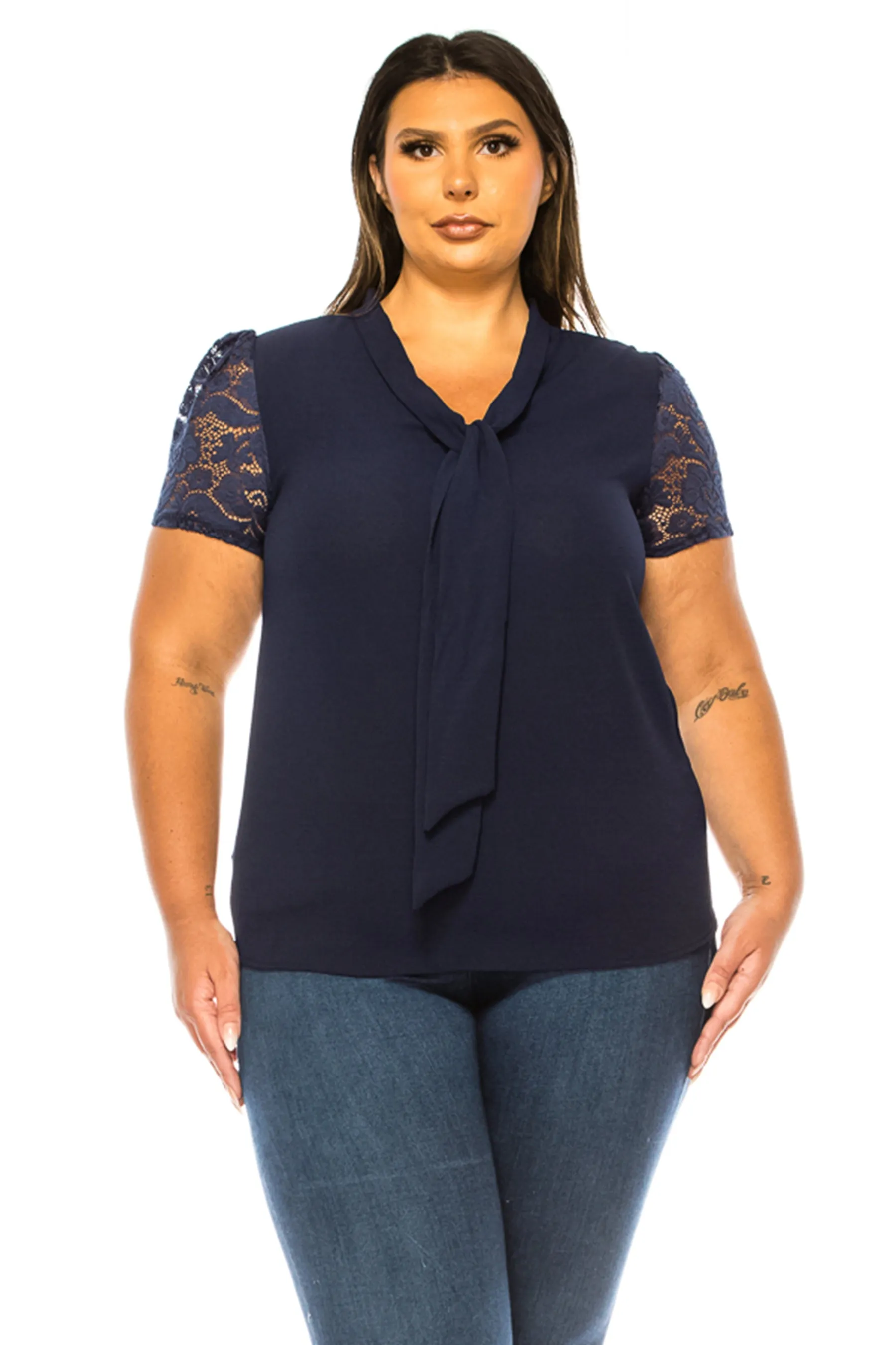 Women's Plus Size Solid Top with Front Tie Collar and Lace Sleeves - Elegant and Casual