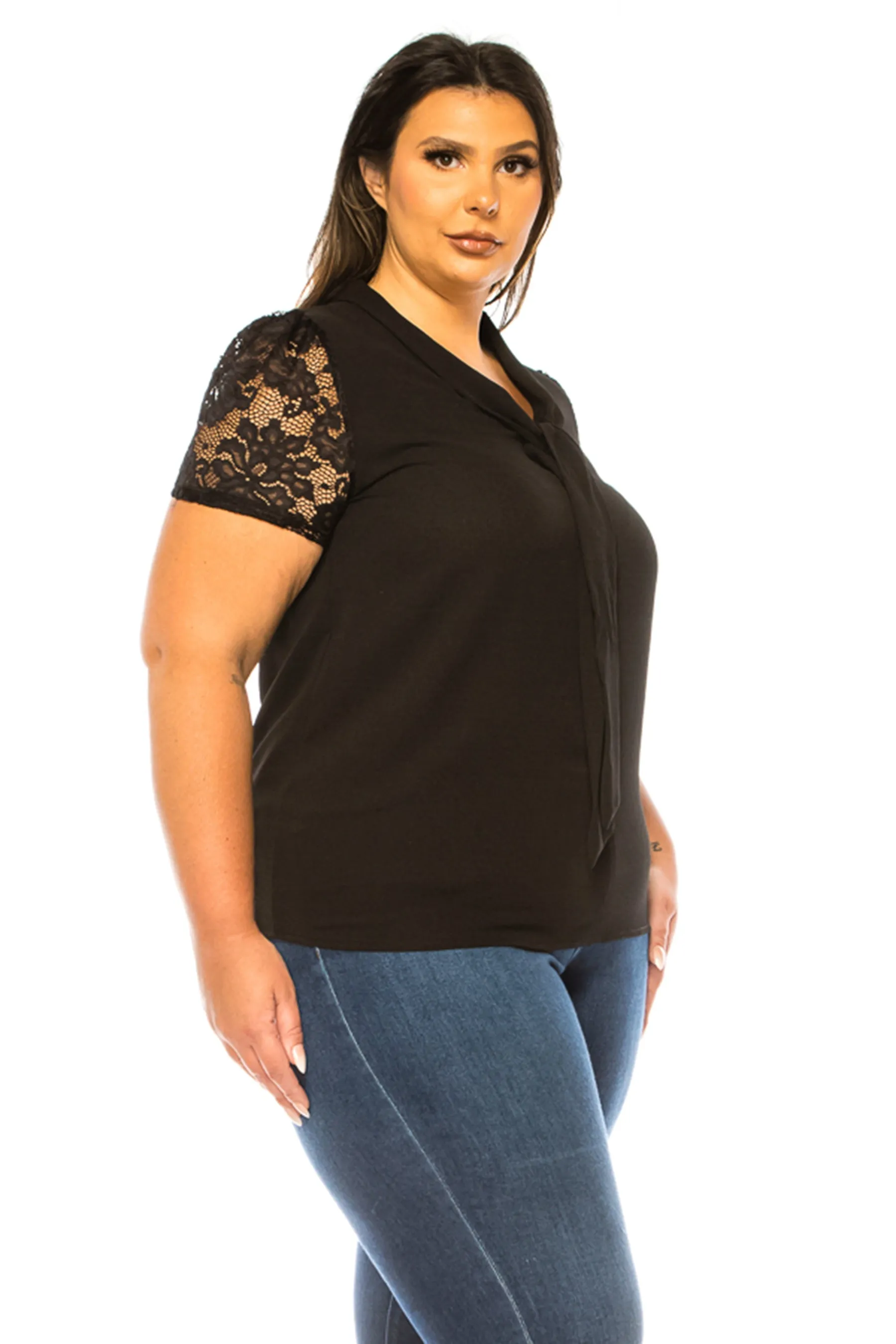 Women's Plus Size Solid Top with Front Tie Collar and Lace Sleeves - Elegant and Casual