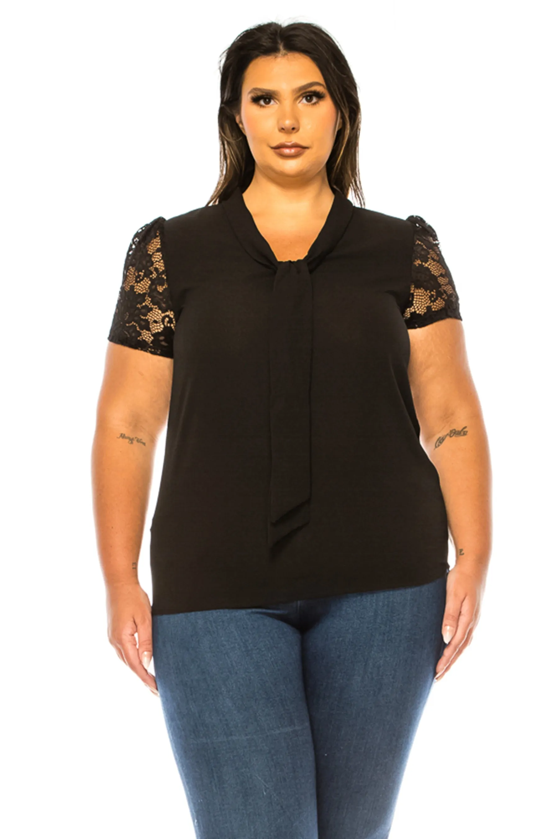 Women's Plus Size Solid Top with Front Tie Collar and Lace Sleeves - Elegant and Casual