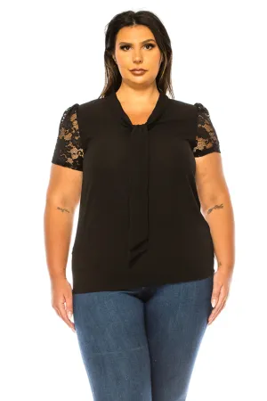 Women's Plus Size Solid Top with Front Tie Collar and Lace Sleeves - Elegant and Casual