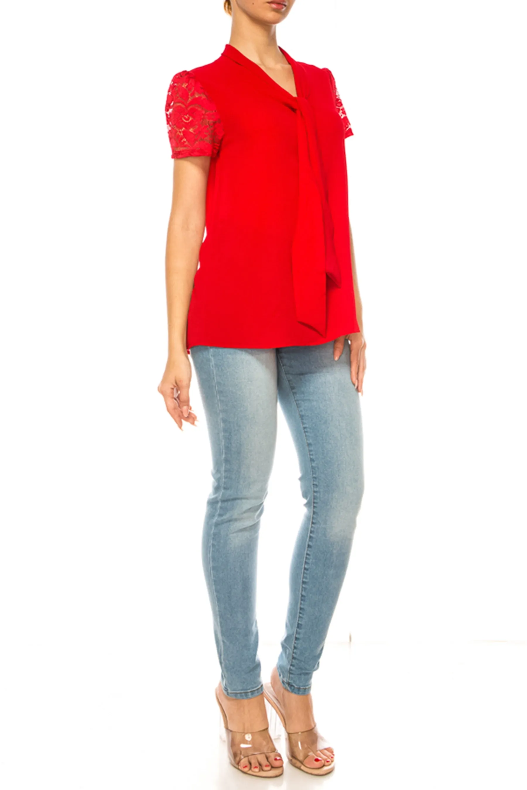 Women's Solid Top with Front Tie Collar and Lace Sleeves