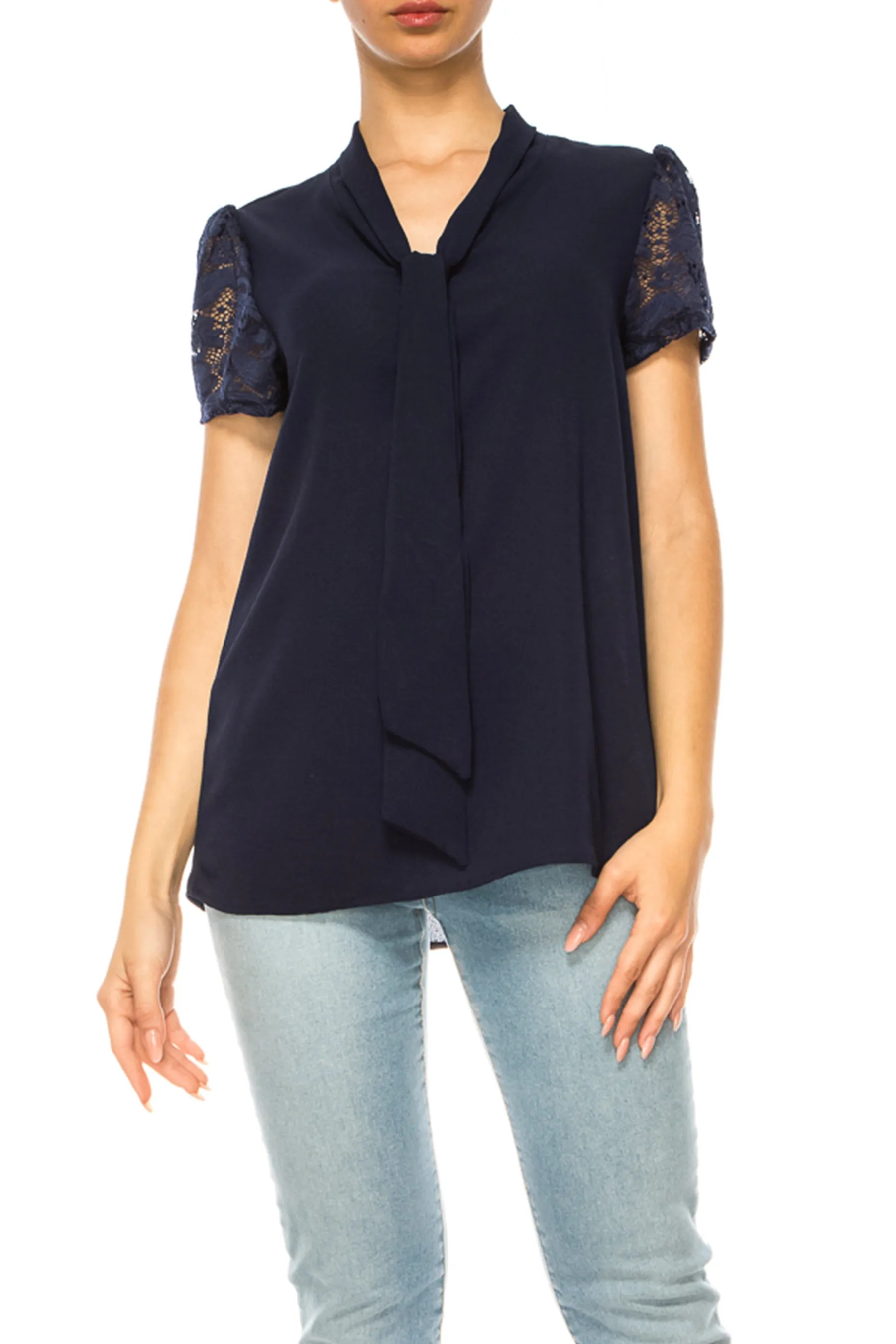 Women's Solid Top with Front Tie Collar and Lace Sleeves