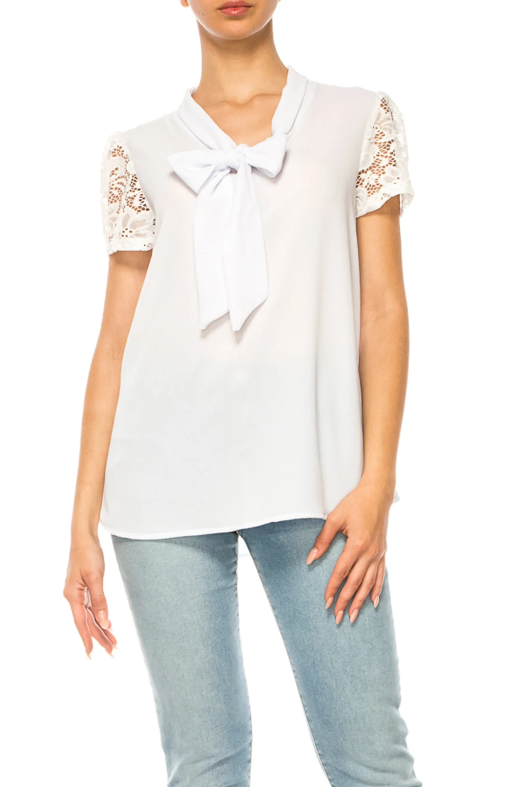 Women's Solid Top with Front Tie Collar and Lace Sleeves