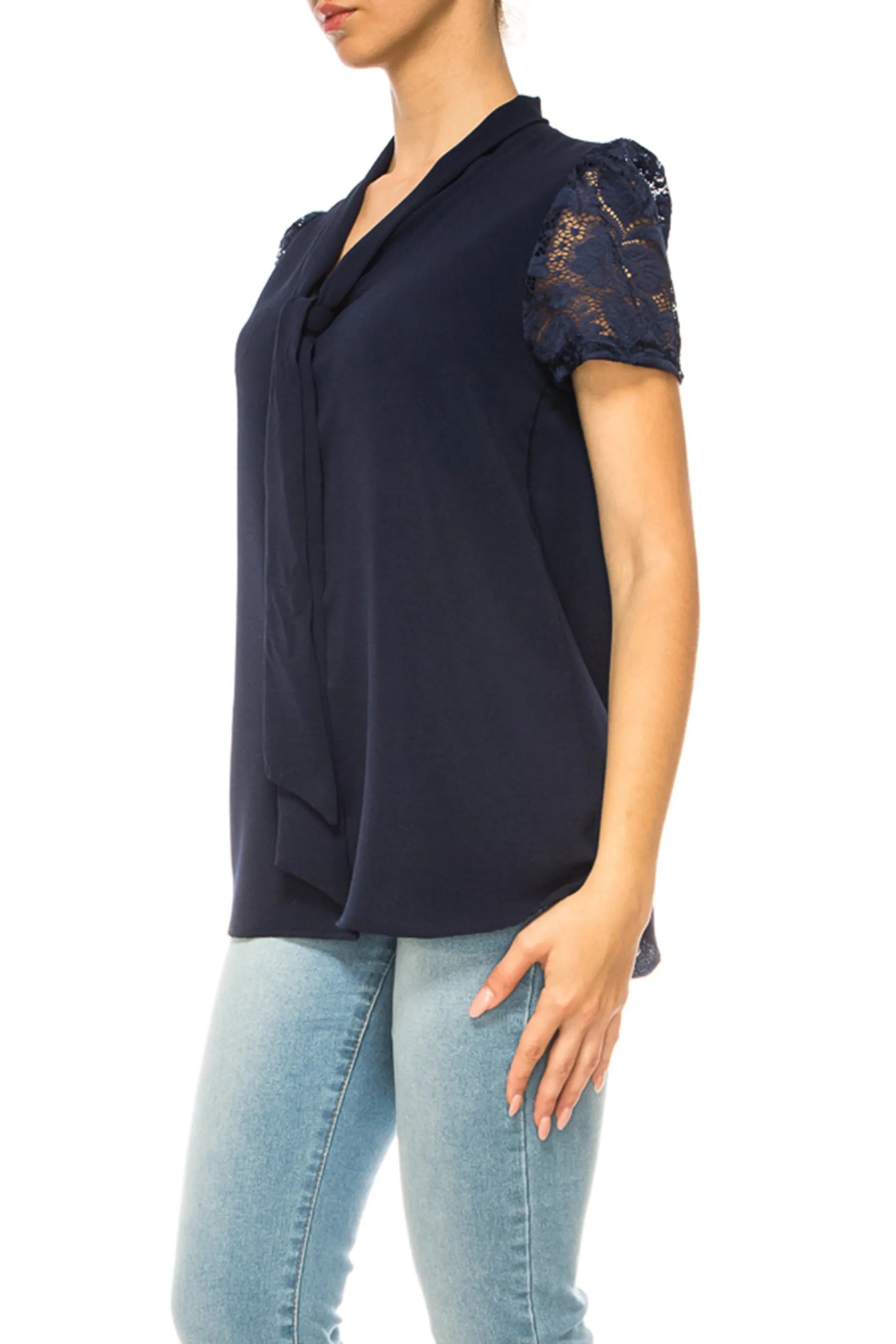 Women's Solid Top with Front Tie Collar and Lace Sleeves