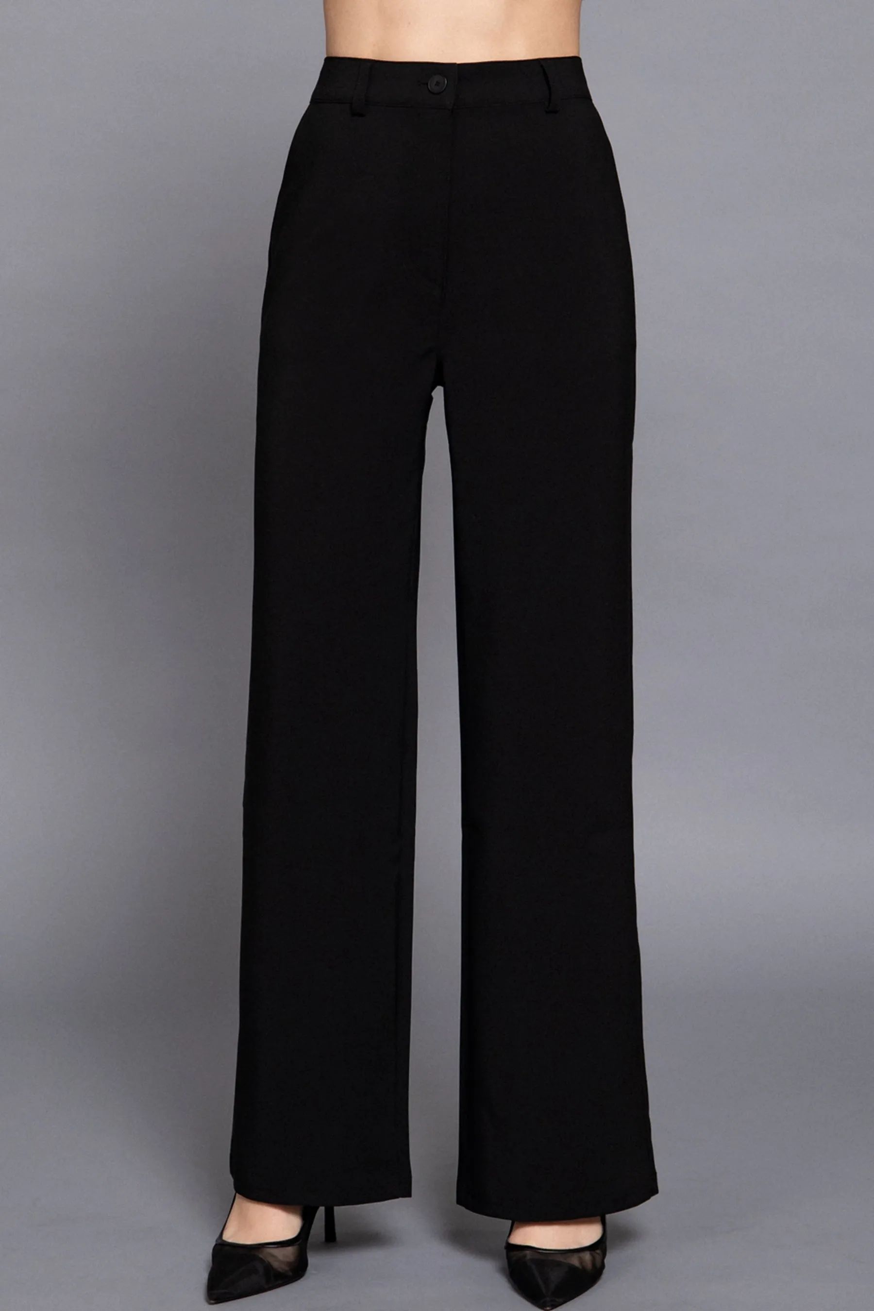 Women's Straight-Leg Woven Pants Back Elastic Detail One Button Closure