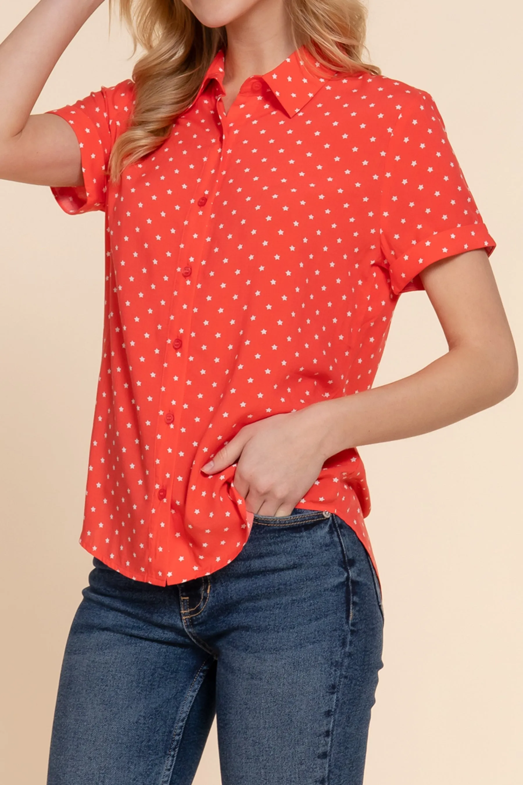 Women's Women's Star Print Short Sleeve Woven Shirt Cuff Detail