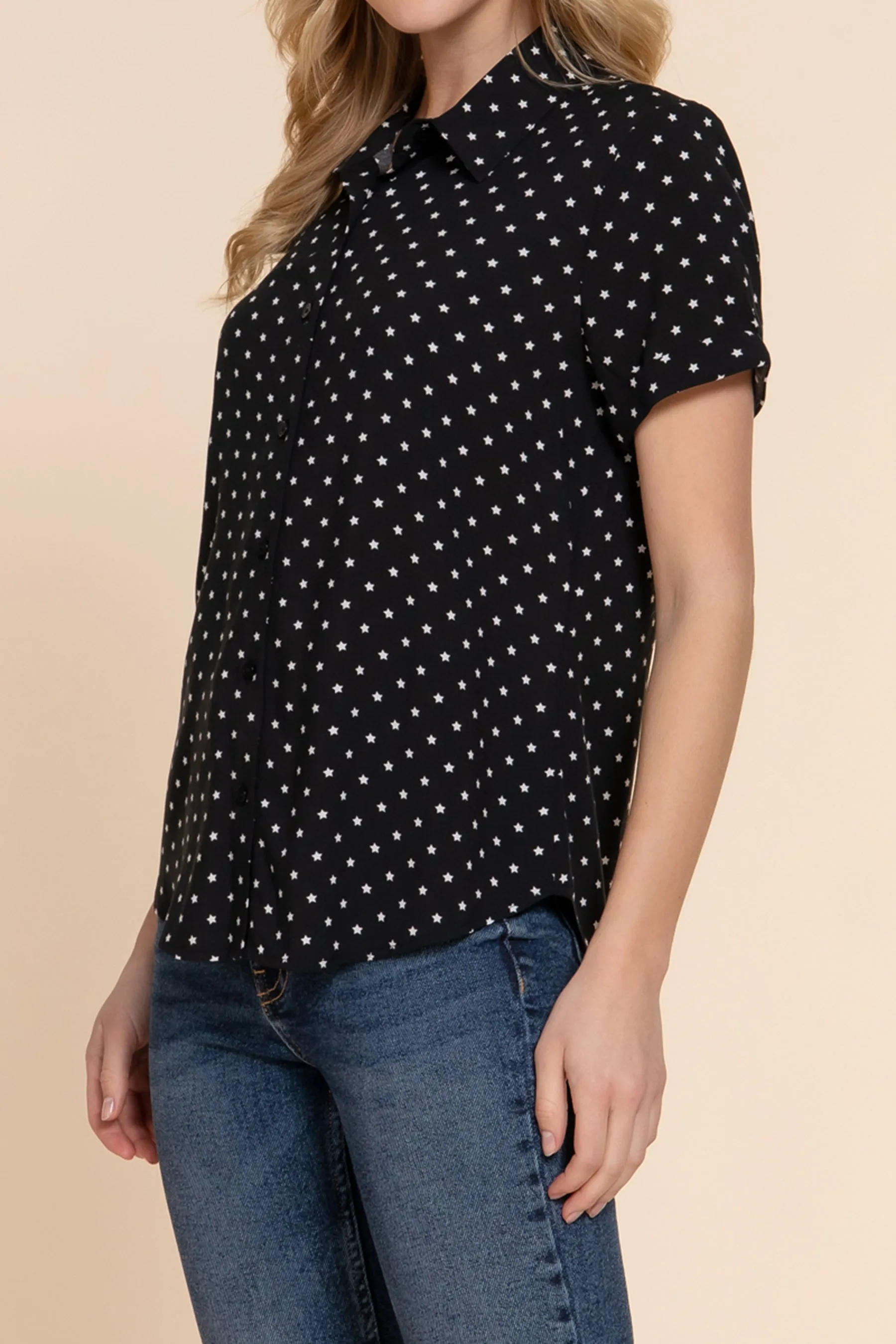 Women's Women's Star Print Short Sleeve Woven Shirt Cuff Detail